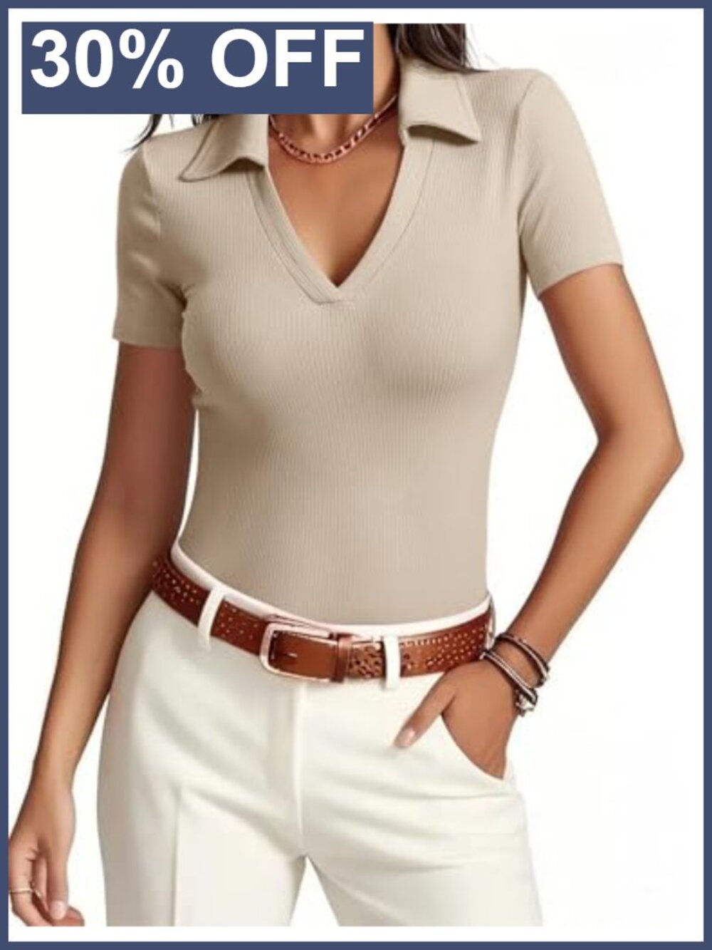 Womens Ribbed Knit Polo Shirt V Neck Slim Fit Short Sleeve Work Top